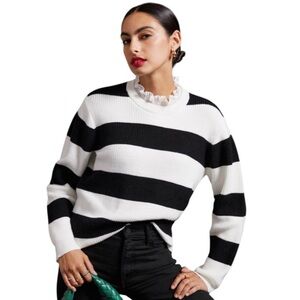 Anthropologie | Black White Striped Ruffle Collar Sweater Contemporary Coquette